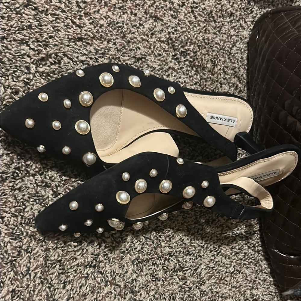 Alex Marie Black Pointed Pearl-Studded Slingback Flats